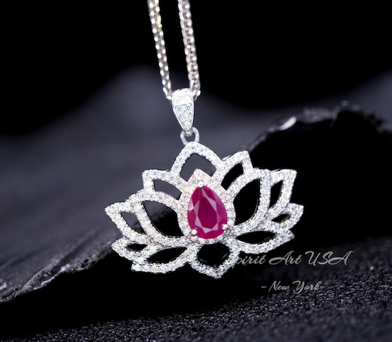 Ruby Necklace - Gemstone Lotus Flower Ruby Pendant - White gold @ Sterling Silver - July Birthstone  - Yoga Necklace #602