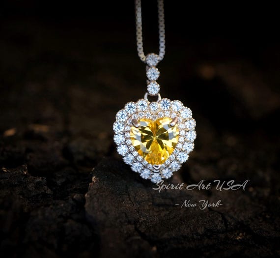 Created Yellow Moissanite Diamond Necklace - Double Halo Heart Necklace - Yellow Gemstone Pendant - 18kGP & 925 Sterling Silver 1094