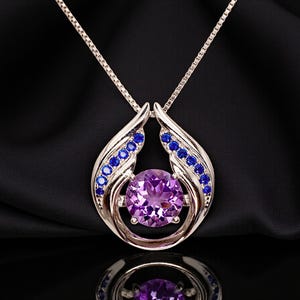 Genuine Amethyst Necklace - Hold Your Heart Pendant - 18KGP @ Sterling Silver - Blue Sapphire Style - Round Cut Natural Amethyst Pendant 700