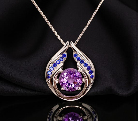 Genuine Amethyst Necklace - Hold Your Heart Pendant - 18KGP @ Sterling Silver - Blue Sapphire Style - Round Cut Natural Amethyst Pendant 700