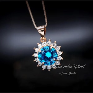 Blue Topaz Necklace - Rose Gold coated Sterling Silver Princess Diana Style Halo Sunflower 8mm  - 2 CT Blue Topaz Jewelry #275