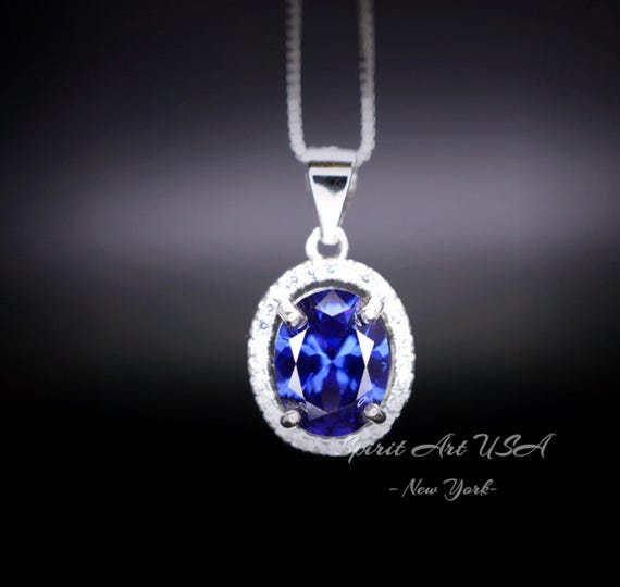 Oval Tanzanite Necklace - 2.5 CT 18k @ Sterling Silver - Halo Blue Gemstone Gemstone - December Birthstone - Lab  Energic Tanzanite #325