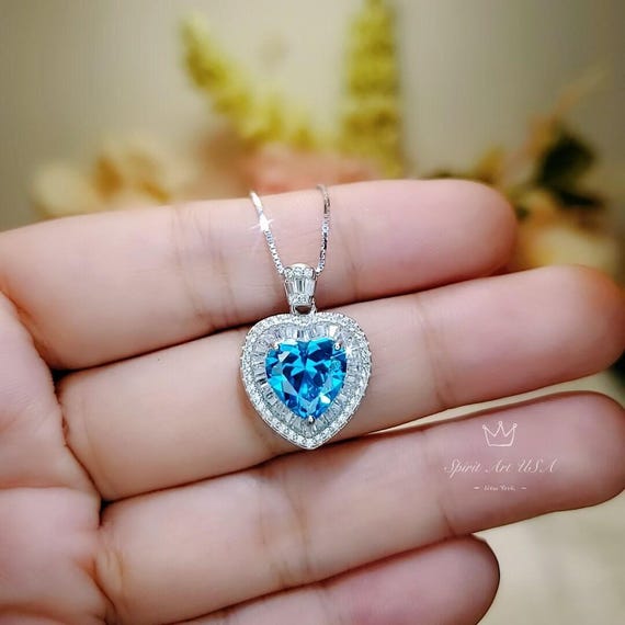 Blue Topaz Heart Necklace White Gold Coated Sterling Silver  Gemstone Heart Pendant Blue Topaz Jewelry  #950