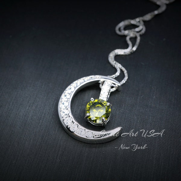 Crescent Moon Peridot Necklace - 18kgp Sterling Silver - One Necklace Two wear - Green Peridot Pendant - Gemstone Moon Jewelry #227