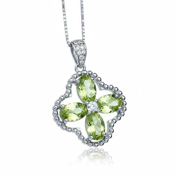 Genuine Green Peridot Necklace, 925 Sterling Silver Four Leaf Clover Pendant, Natural Peridot Pendant  August Birthstone Leaf Jewelry  #233