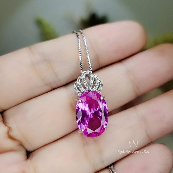 Pink Tourmaline Necklace - Large Oval -  Diamond Crown - 6 CT Rose Red Fuchsia Lab Created Tourmaline Pendant - 18KGP @ sterling silver #805