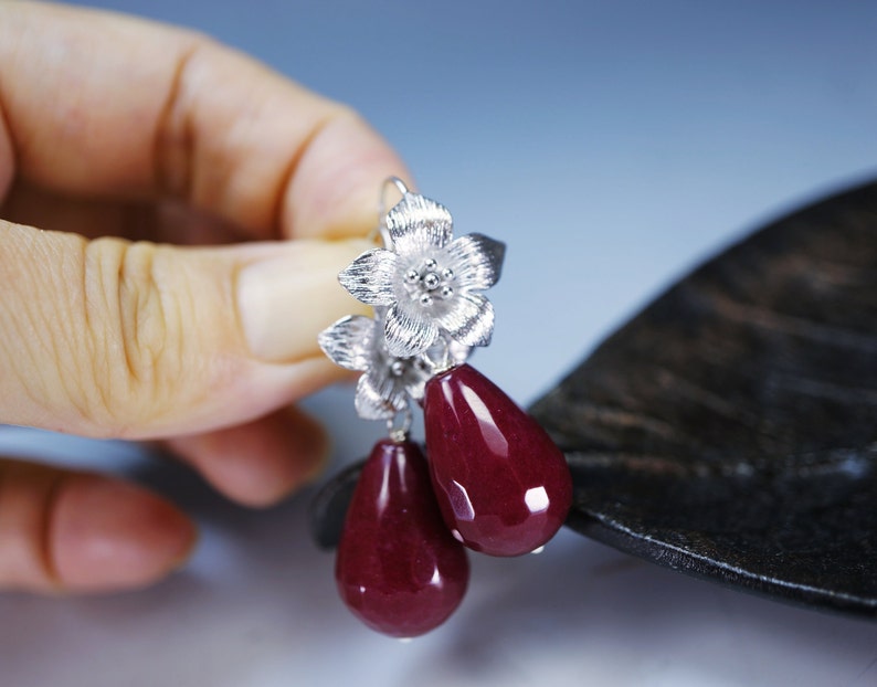 July Birthstone Ruby Jade Earrings Flower Earrings Teardrop Ruby Dangle Earrings Ruby Jewelry