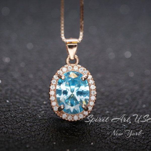 Aquamarine Necklace - Rose Gold Halo Blue Aquamarine Pendant - 18kgp @ Sterling Silver - March Birthstone #300