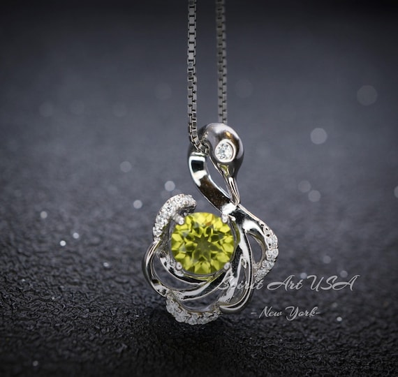 Genuine Peridot Necklace -  Swan Necklace - Natural Green Peridot Pendant - 18KGP @ Sterling Silver - August Birthstone #971