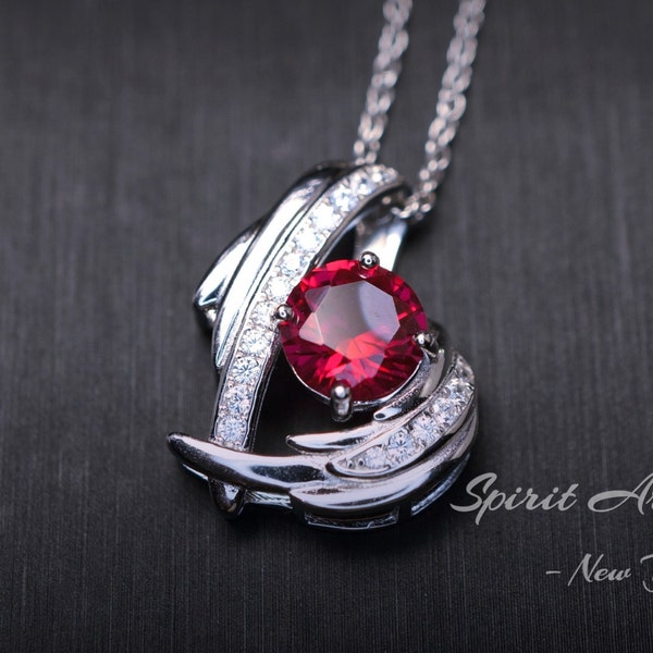 Protective Angel Wing Ruby Necklace  Full Sterling Silver White Gold Coated Store Exclusive Design  July Birthstone Angel Wing Pendant #825