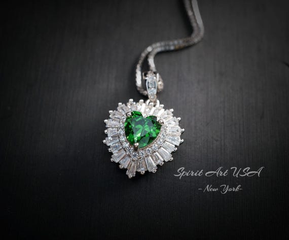 Double  Halo Emerald Heart Necklace - Full Sterling Silver - May Birthstone -  Tiny Green Gemstone Emerald Jewelry -18KGP #294