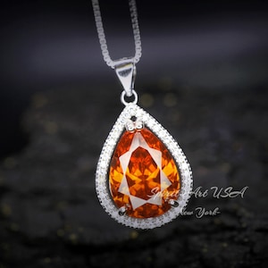 Teardrop Orange sunstone Necklace - Sterling Silver Orange Tangerine 5 CT Spessartite Garnet Pendant #717