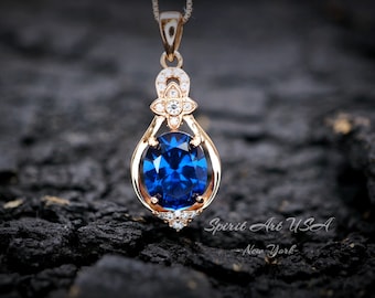 Rose Gold Blue Sapphire Necklace Sterling Silver 3 Ct Oval Large Blue Gemstone Pendant Blue Sapphire Jewelry #647