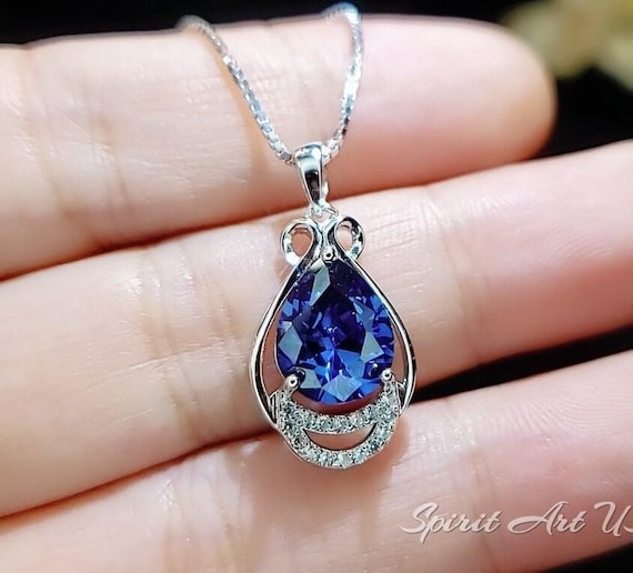 Teardrop Tanzanite Necklace - White gold coated Sterling Silver 2 CT  Blue Tanzanite Jewelry #480