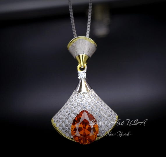 Brilliant Sunstone Necklace - Full Sterling Silver - White Gold coated -  Gemstone Drop 3 CT Orange Spessartite Garnet Jewelry #828