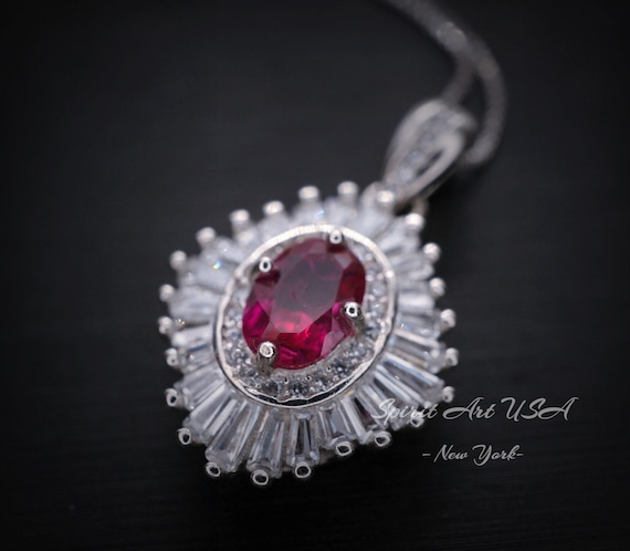 Dainty Ruby Necklace - Full Sterling Silver Oval Cut Red Ruby Pendant -  July Birthstone - Ruby Jewelry #671