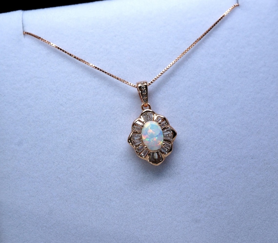 Opal Necklace - Tiny White Opal Rose gold  18KGP @ Sterling Silver - Small Gemstone flower style Opal Jewelry #308