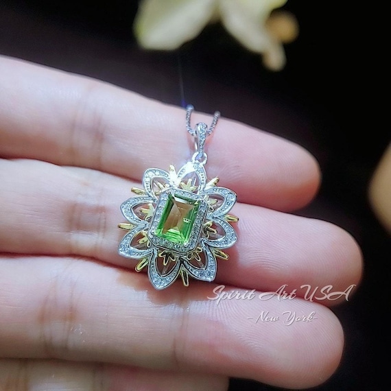 Spirit Flower Genuine Peridot Necklace White Gold coated Sterling Silver Gemstone Gold Rectangle Peridot Pendant Goddess Athena Jewelry #764