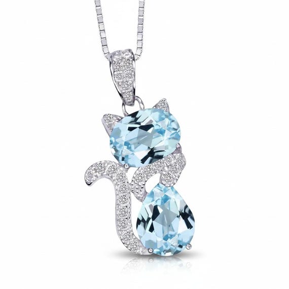 Aquamarine Necklace Sterling Silver Cat 1.5 Ct Kitty Sim Gemstone Blue Pendant White Gold Plated March Birthstone Pet Lover Jewelry #218