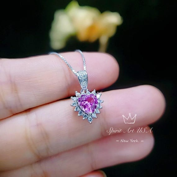 Tiny Pink Heart Necklace - pink Sapphire Tourmaline  Necklace sterling silver 022