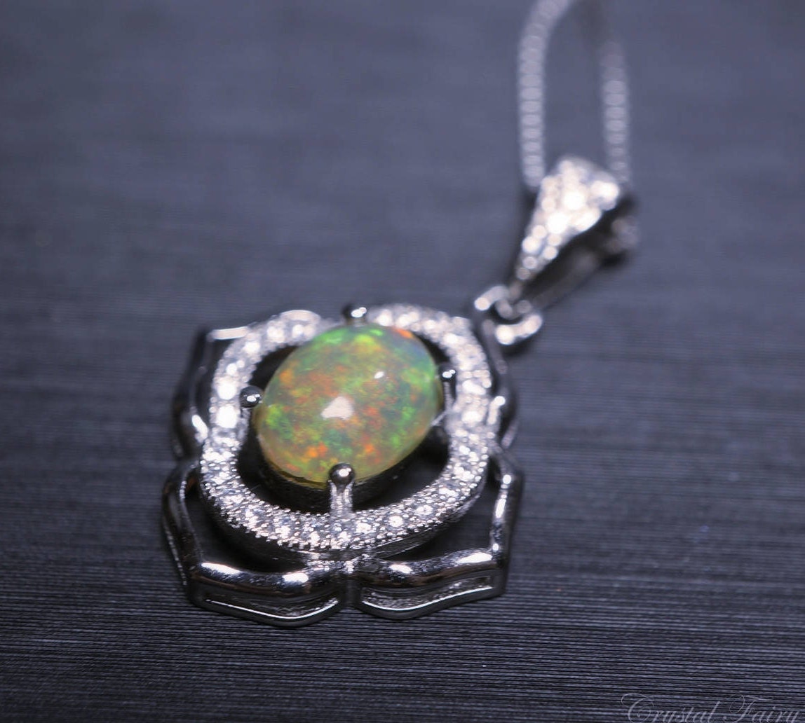 Fire Opal CZ Gold Plated Pendant For Women Round Charm Flower Necklace Chakra Healing October Birthstone