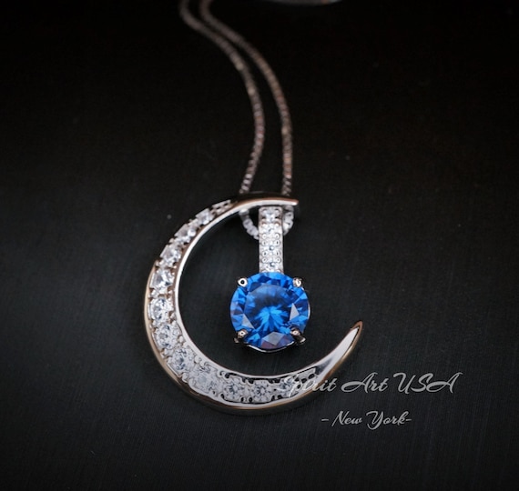 Blue Sapphire Necklace  Gemstone Moon Pendant Sterling Silver Crescent  - White Gold Plated Two Separated Pendant September Birthstone #231