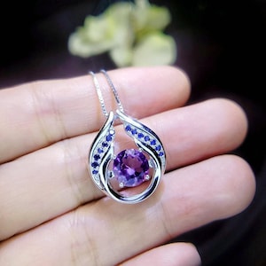 Genuine Amethyst Necklace - Hold Your Heart Pendant - 18KGP @ Sterling Silver - Blue Sapphire Style - Round Cut Natural Amethyst Pendant 700