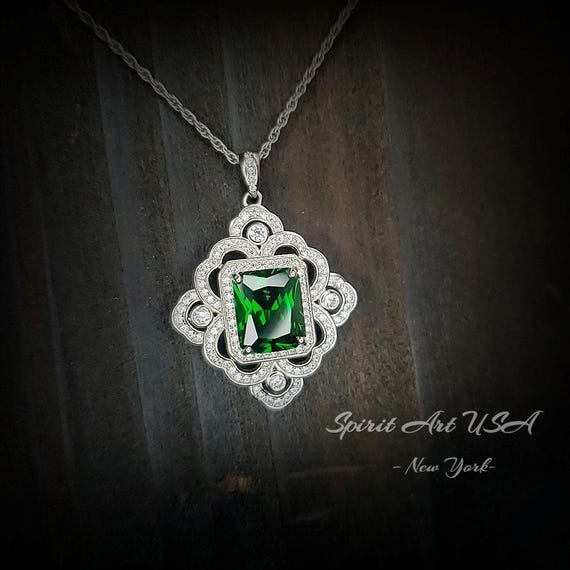 Gorgeous Green Chrome Diopside Necklace  - Gemstone Flower Sterling Silver White Gold Coated - Faceted Rectangle 5 CT Diopside Pendant #826
