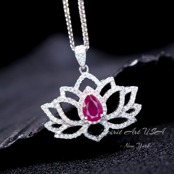 Ruby Necklace - Gemstone Lotus Flower Ruby Pendant - White gold @ Sterling Silver - July Birthstone  - Yoga Necklace #602