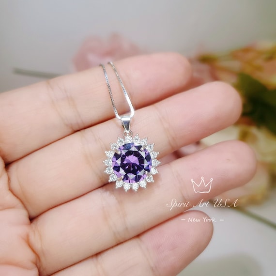 Created Amethyst Necklace - Round Princess Diana Solitaire Amethyst Jewelry - February Birthstone -  Large Synthetic Amethyst Pendant 070