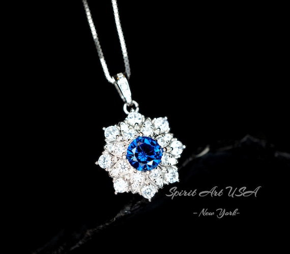 Blue Sapphire Necklace  Gemstone Eight Petal Flower Necklace - Snowflake Pendant 18KGP @ Sterling Silver September Birthstone  #944