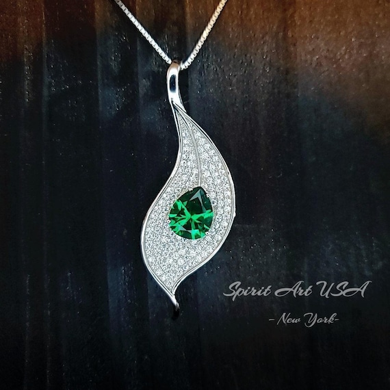 Emerald Necklace - Single Gemstone Pave Leaf Necklace - 18KGP @  Sterling Silver - Teardrop 2.75 CT Green Emerald Pendant #904