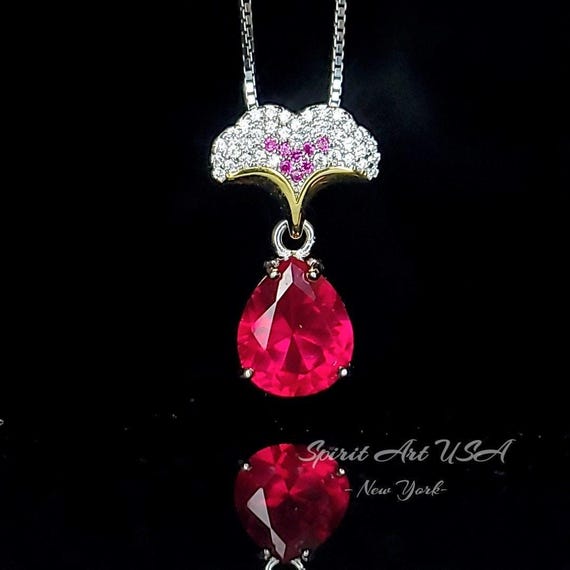 Ruby Necklace - Ginkgo biloba Pendant -  18kgp @ Sterling Silver - Large Teardrop Pear  3.5 CT Red Ruby - Gemstone Leaf Jewelry #867