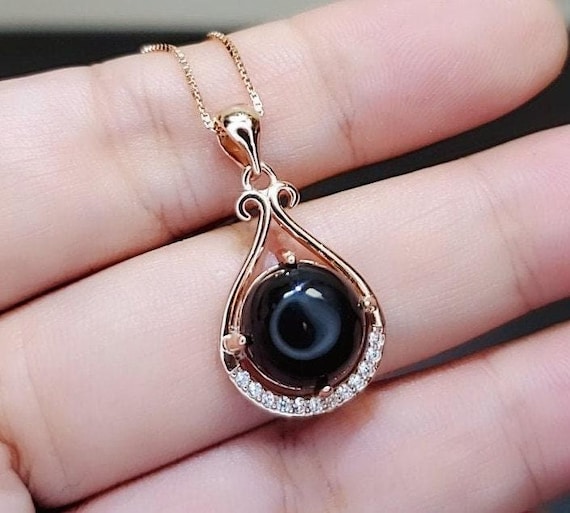 Black Onyx Necklace - Rose Gold coated 925 Sterling Silver Black Agate  - Pendant High Frequency Protective Energy Root Chakra Healing #147