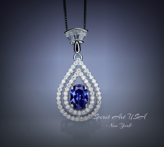 Tanzanite Necklace  - December Birthstone - 18kgp @ Sterling Silver - Double Halo Lab Created Tanzanite Pendant Jewelry #435