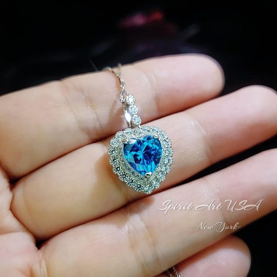 Blue Topaz Necklace - Double Halo Blue Heart Pendant, Ocean Heart Blue Topaz Jewelry - White Gold  Sterling Silver #362