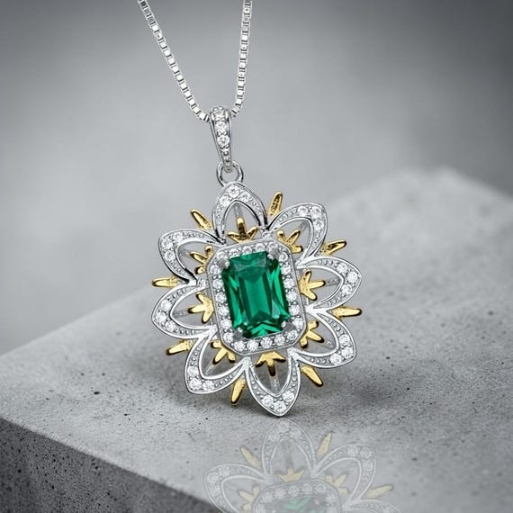 Green Emerald Necklace - Gemstone Water Lily Flower Pendant - 18KGP @ Sterling Silver -  1 CT Emerald Jewelry - Goddess Athena Necklace #651