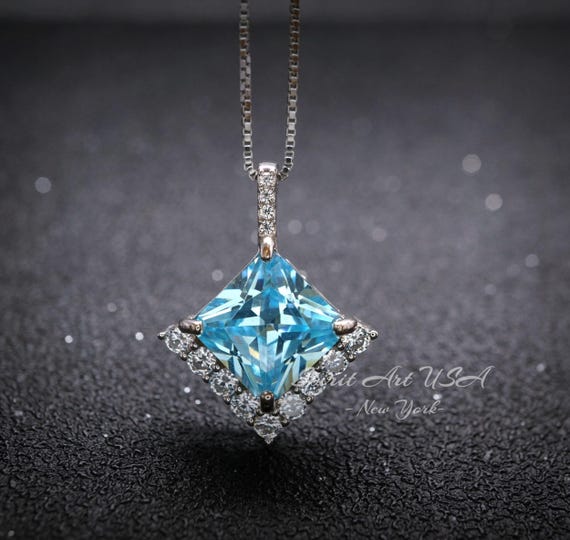 Gemstone Style Blue Aquamarine Necklace - 6.5 CT  Square Princess  Cut Aquamarine Pendant - 18KGP @ Sterling Silver - March Birthstone #588