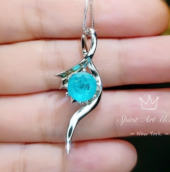 Paraiba Necklace Sterling Silver Bow Swirl Infinity White Gold plated Blue Paraiba Pendant  Jewelry #940