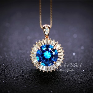 Blue Sapphire Necklace - Rose Gold - Gemstone Halo Sun 4 CT Royal Blue Sapphire Pendant - Sterling Silver September Birthstone #524