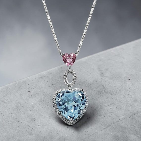 Aquamarine Necklace - March Birthstone -Double Heart Pink tourmaline pendant 18KGP @ Sterling Silver -   Blue Aquamarine Jewelry #786