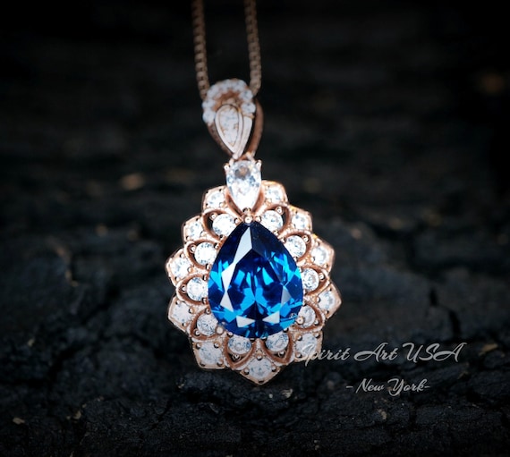 Lily Flower Blue Sapphire Necklace 18K Rose gold @ Sterling Silver 3 CT Blue Sapphire Pendant  September Birthstone Layered Double Halo #790