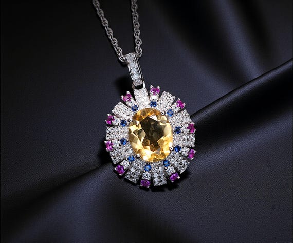 Genuine Citrine Necklace - Yellow Gemstone Pendant Source Light Style Gold-coated 925 Sterling Silver -  3 CT Citrine Pendant #903