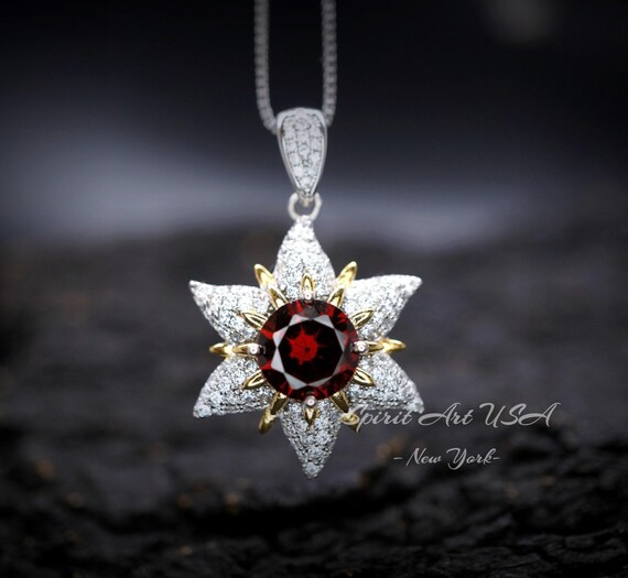 Gemstone Star Red Garnet Necklace - 18KGP Sterling Silver - 6 Point Star Garnet Pendant - 2CT  Hexagram Red Garnet Jewelry #876