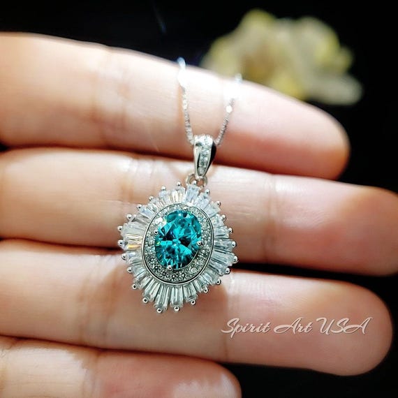 Gemstone Halo Green Paraiba Necklace Sparkling Paraiba Tourmaline Necklace  - White Gold coated Sterling Silver  1.5Ct Paraiba Pendant #1008