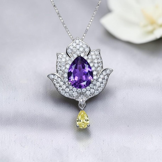 Amethyst Necklace - Lotus Flower Pendant - 18kGP @ Sterling Silver Teardrop Halo Genuine Amethyst Pendant February Birthstone #924