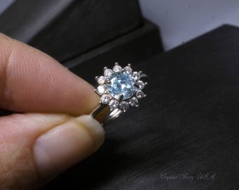 Aquamarine Ring - Natural Blue Aquamarine Full Sterling Silver CZ Ring - Princess Diana Solitaire Ring - Halo Blue Stone Adjustable Ring