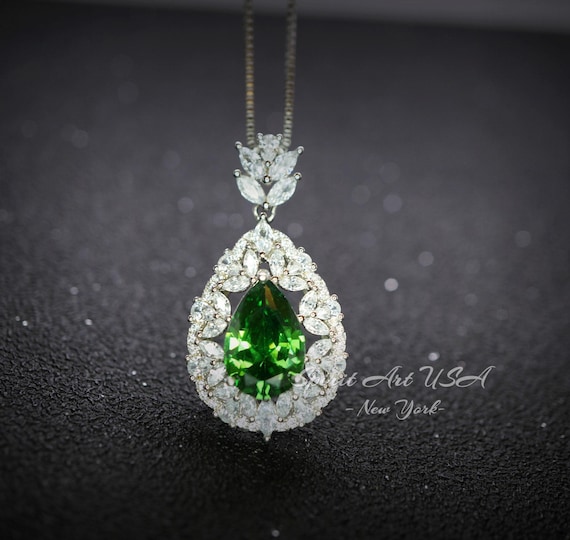 Chrome Diopside Necklace -  Diamond Flourishing Wheat Style - Teardrop Pear Cut - 18KGP @ Sterling Silver - 3 CT Green Diopside Pendant #885