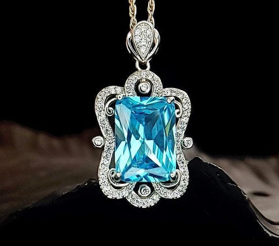 Blue Topaz Necklace Baguette Cut 18K @ Sterling Silver  Large 10 Ct Rectangle Blue Topaz Pendant  Gemstone  Halo Solitaire Blue Topaz #803