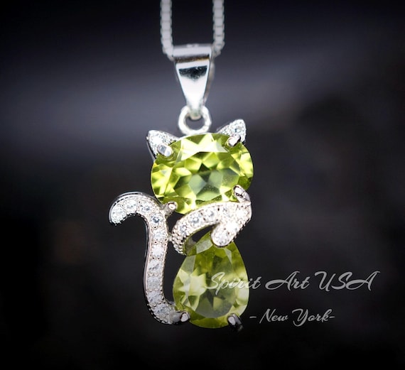 Genuine Peridot Necklace Sterling Silver Cat Kitty Necklace - Natural Green Peridot Pendant - 925 Silver Heart Chakra  Pedridot Jewelry #222